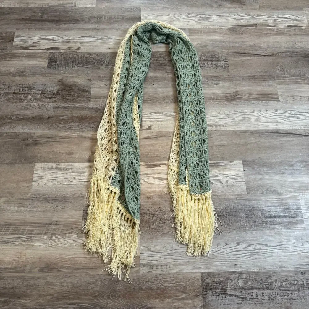Handmade Crochet Scarf Sage Green Cream Fringe Boho Indie Long Wrap